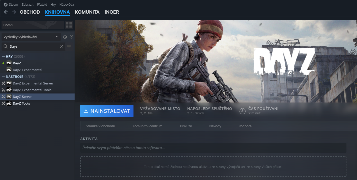 Knihovna Steam s filtrem Nástroje a položkou DayZ Server